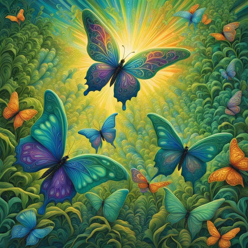 Iridescent Butterflies in Lush Green Park, Astral Art