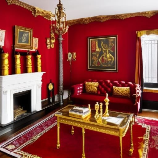 Gryffindor themed gothic living room with red walls with Gold accents& Gold Windows with Red curtains& Red Gothic furnit...