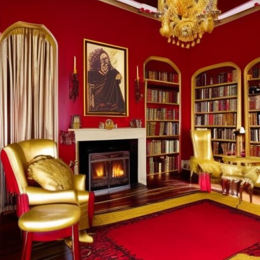 Gryffindor themed gothic living room with red walls with Gold accents& Gold Windows with Red curtains& Red Gothic furnit...
