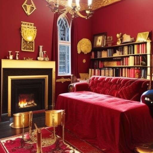 Gryffindor themed gothic living room with red walls with Gold accents& Gold Windows with Red curtains& Red Gothic furnit...