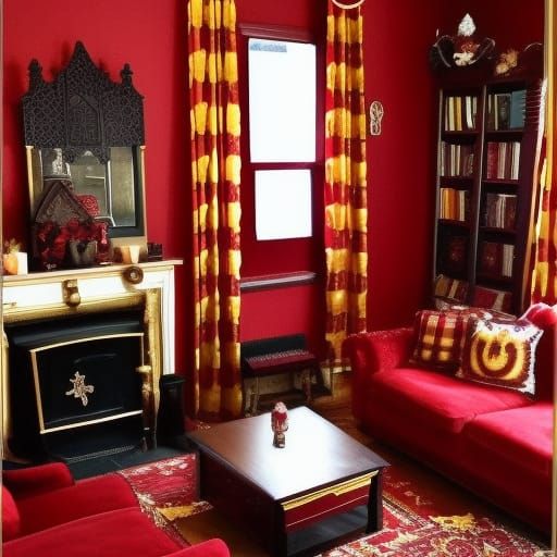 Gryffindor themed gothic living room with red walls with Gold accents& Gold Windows with Red curtains& Red Gothic furnit...