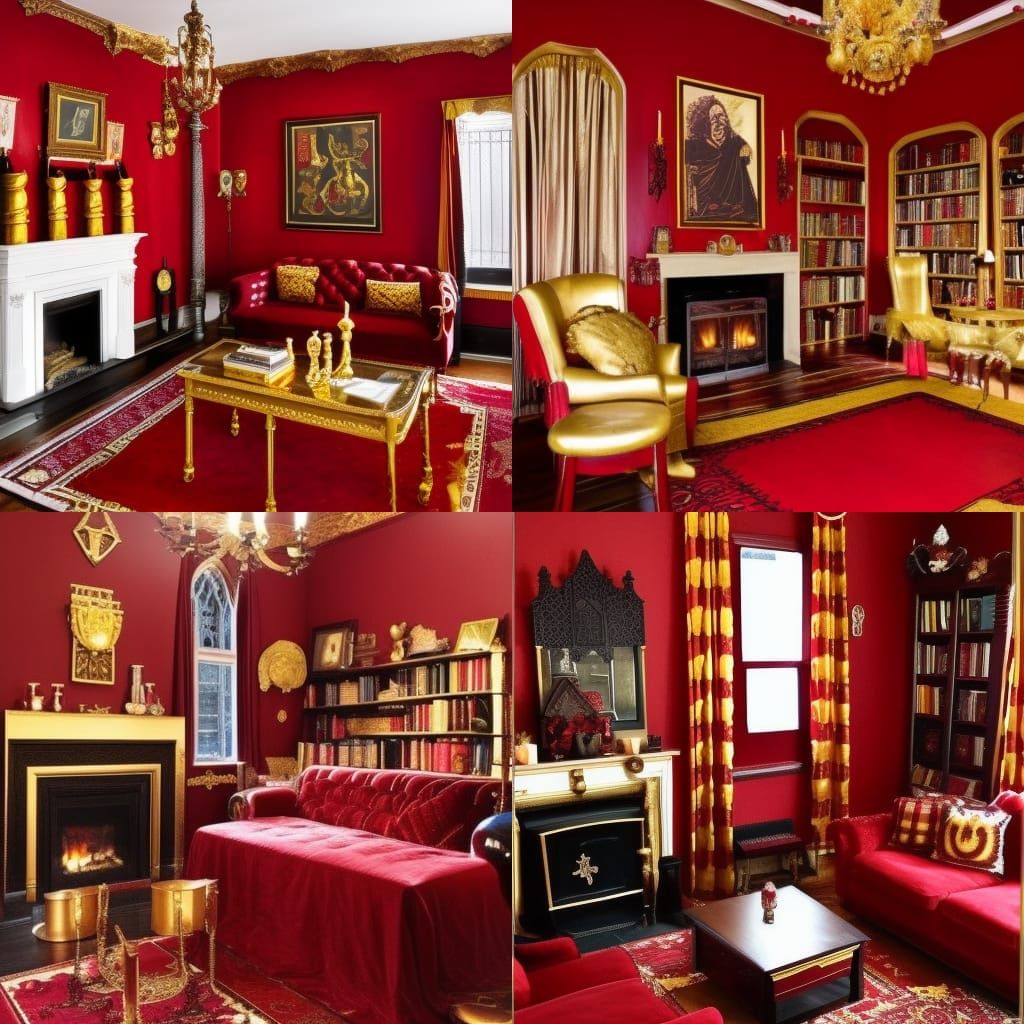 Gryffindor themed gothic living room with red walls with Gold accents& Gold Windows with Red curtains& Red Gothic furnit...