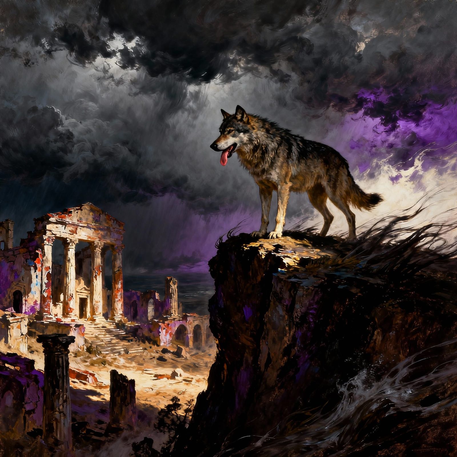 Lone Wolf on Windswept Cliff at Dusk