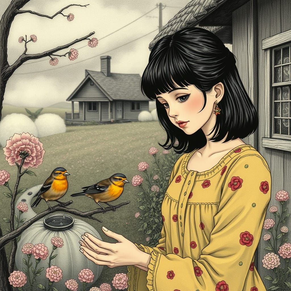 Woman Feeds Birds in Whimsical Cottagecore Scene
