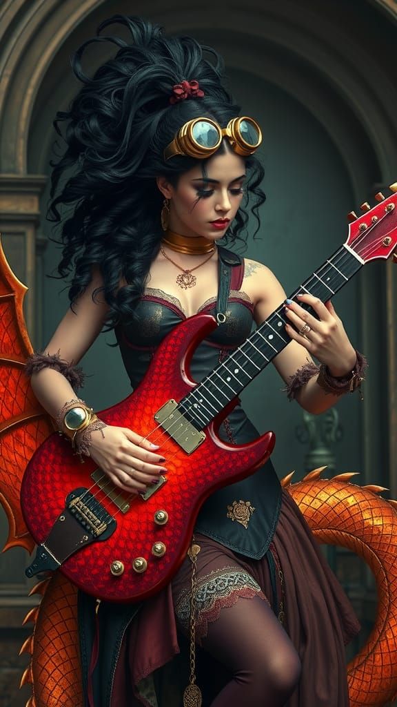 Steampunk Lady Musician Plays Dragon Guitar