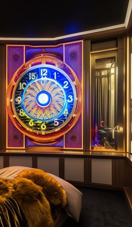 Futuristic Clock City in Bedroom, Surreal Digital Art