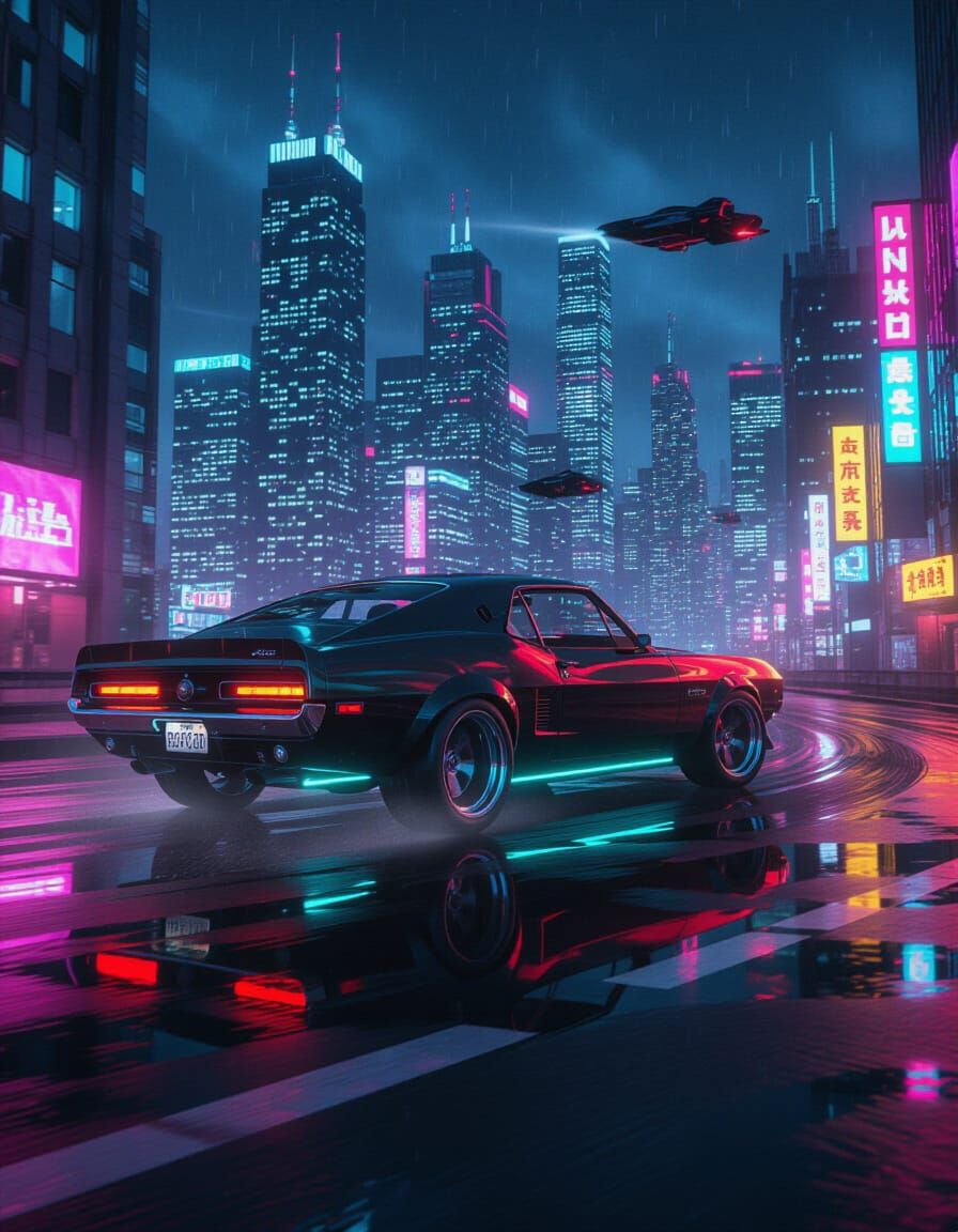 Neon Muscle Car Drifting in a Cyberpunk City