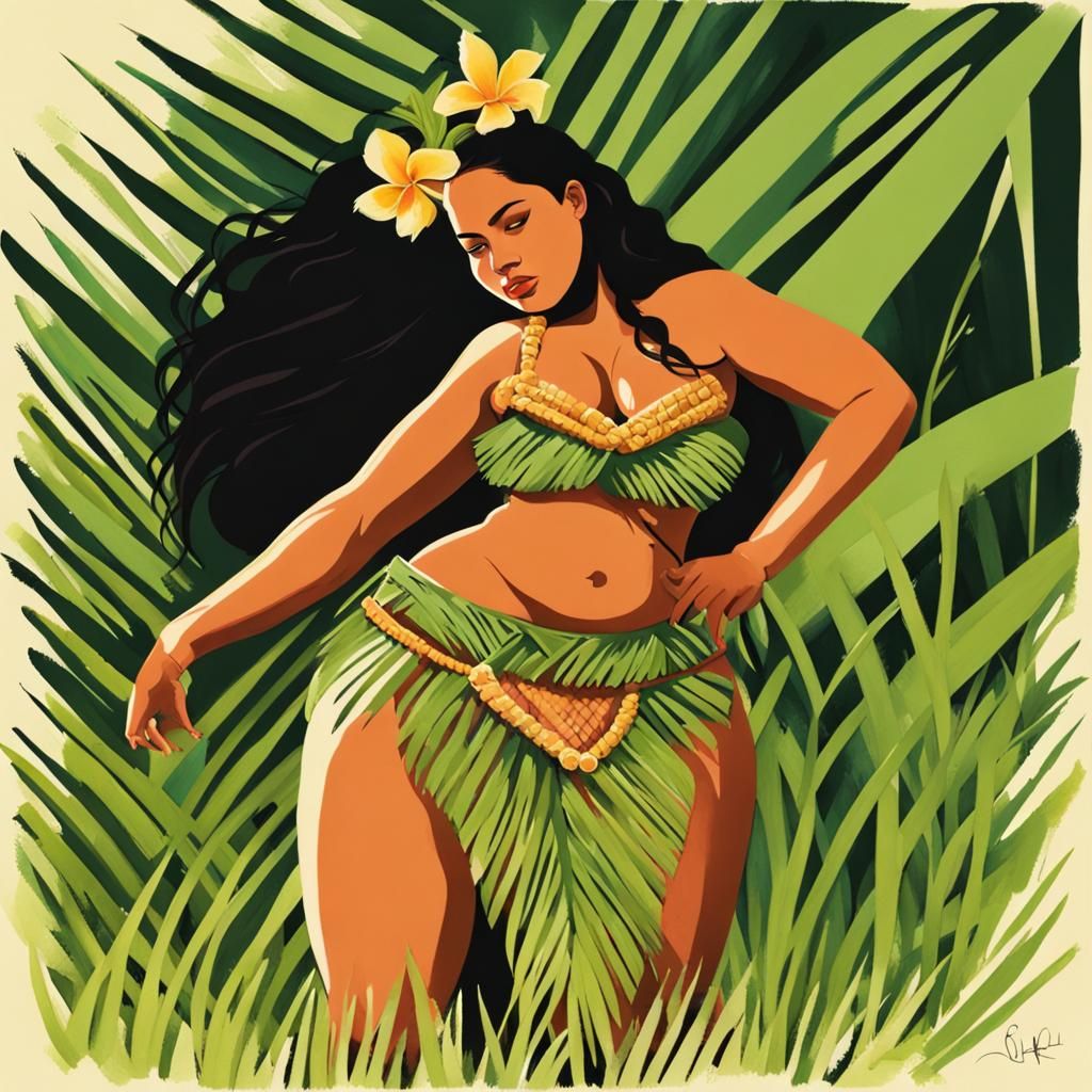 Samoan Girl Silhouette: Gouache Painting of Curvy Figure