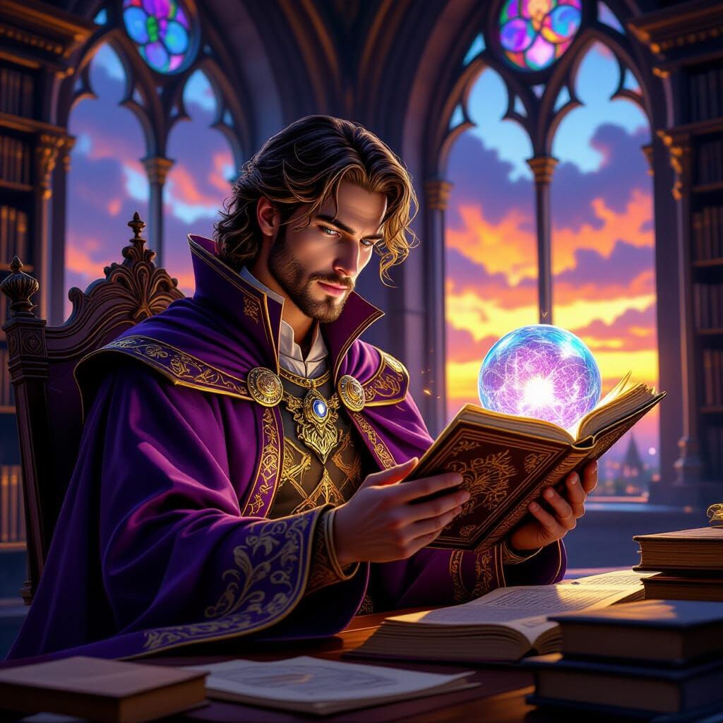 Wizard Reads Ancient Text in Tower Library at Sunset