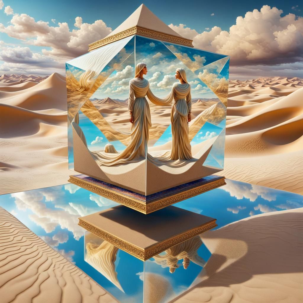 Couple on Flying Carpet Over Desert, Vibrant Gouache