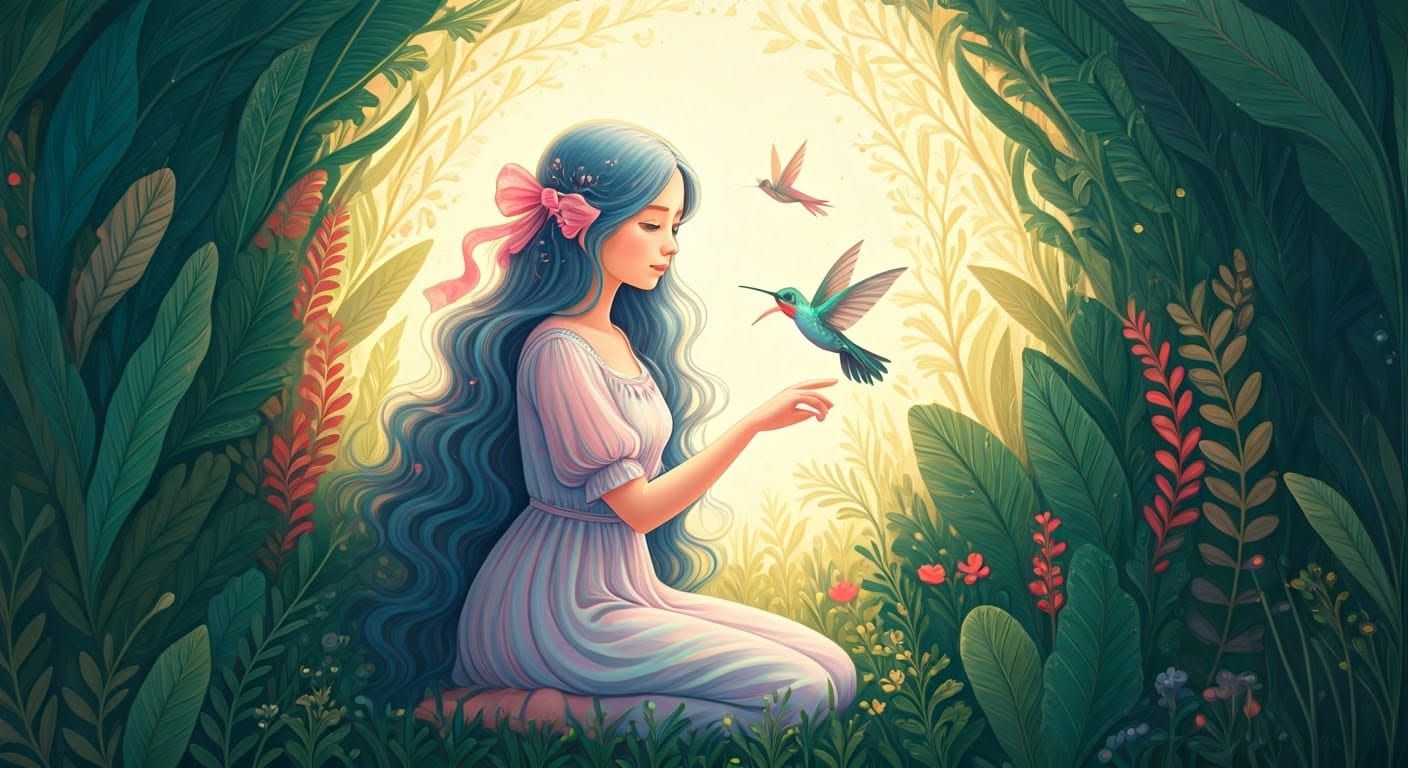 Whimsical Fantasy Maiden Amidst Enchanted Garden