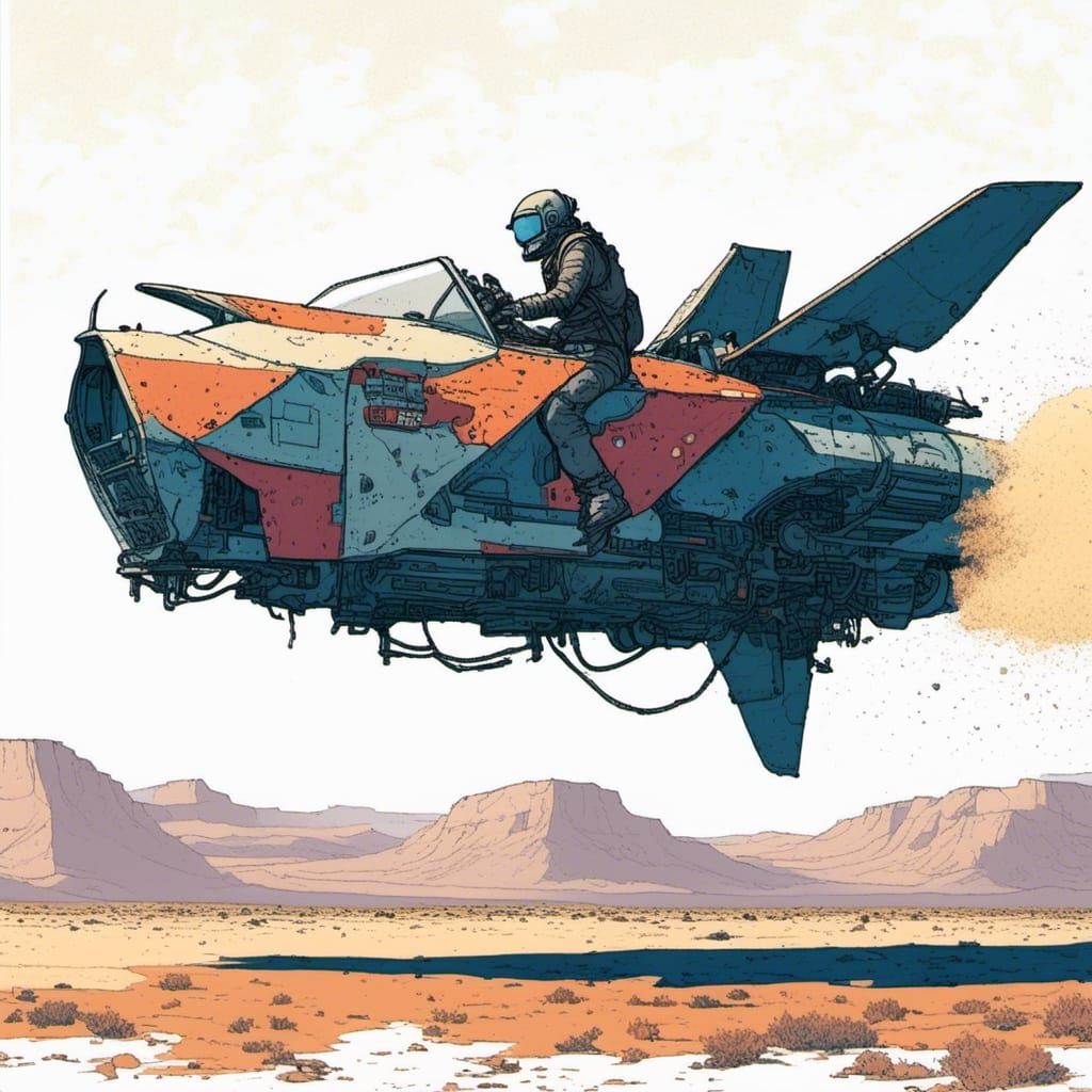 Moebius-Style Hoverbike Glides Through Desert