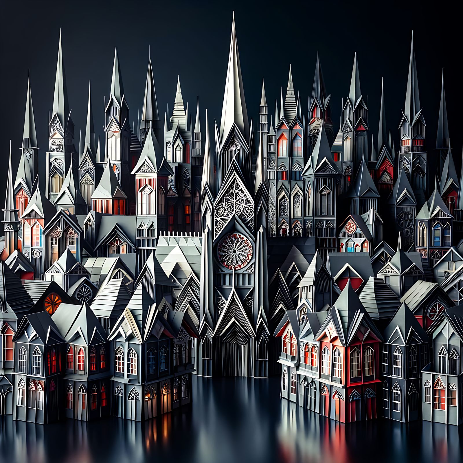 A Gothic town made from black, silver, red, and grey origami...