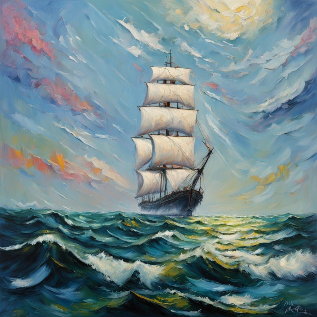 Expressionist Oil Painting of a Glittering Ocean with Textur...