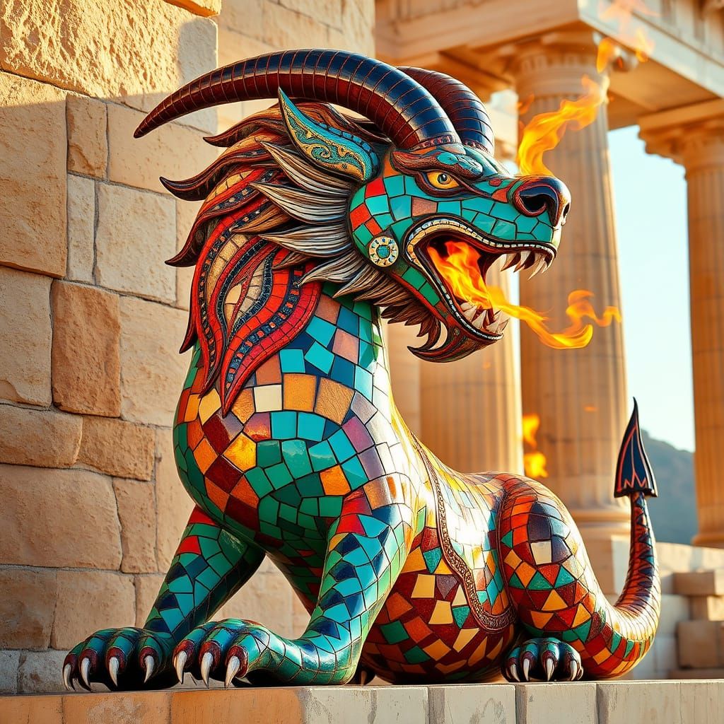 Majestic Ceramic Chimera Blazes on Ancient Greek Temple Wall