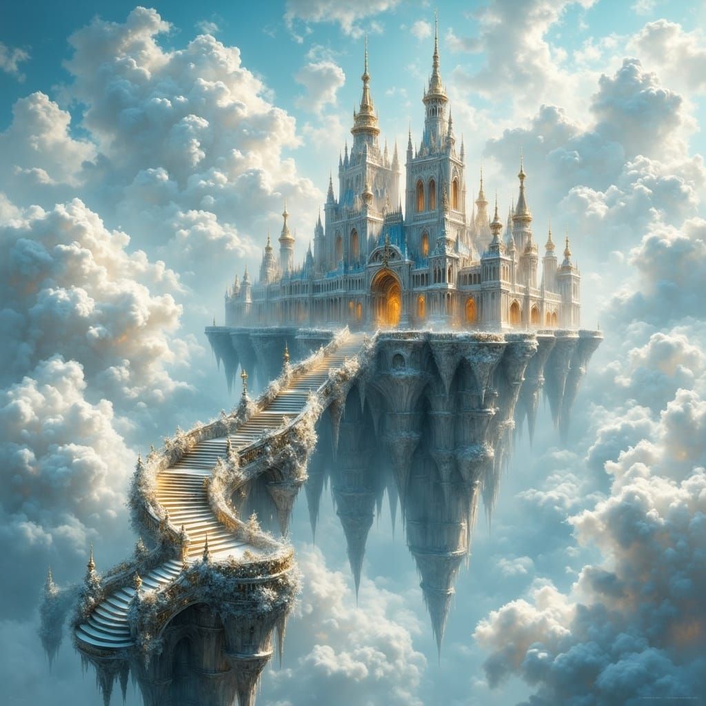 Silver Castle Floating on White Clouds with Elegant Staircas...