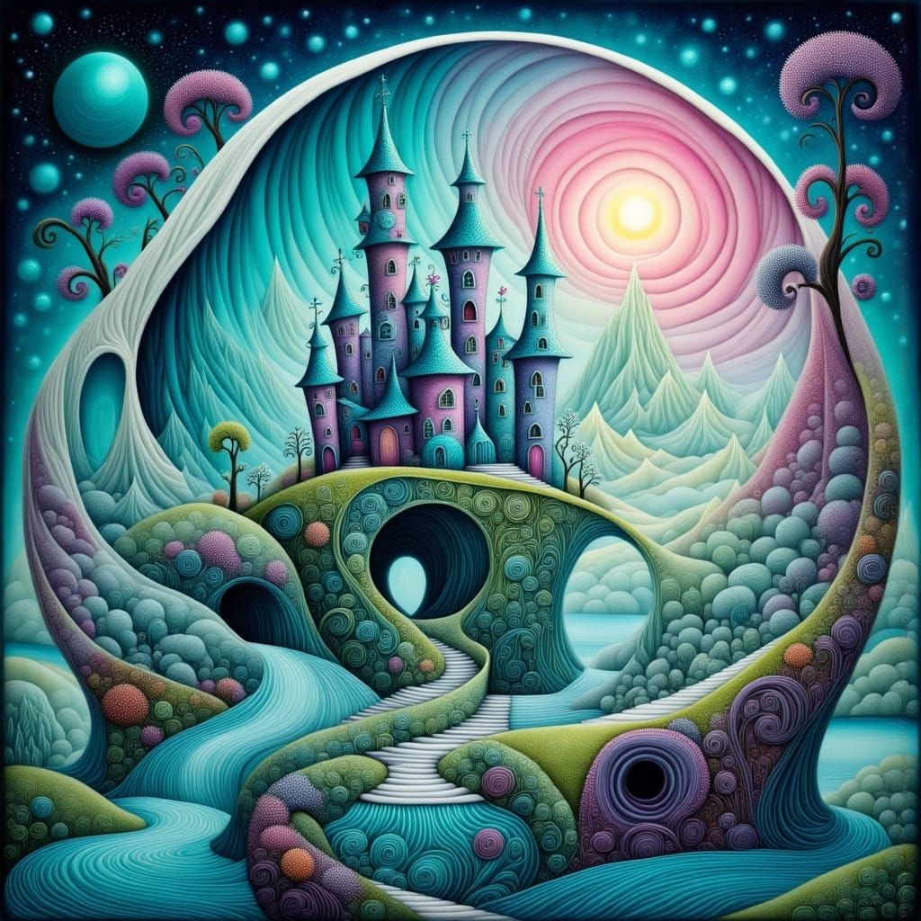 Luminous Shell Castle in Ethereal Moonlit Landscape