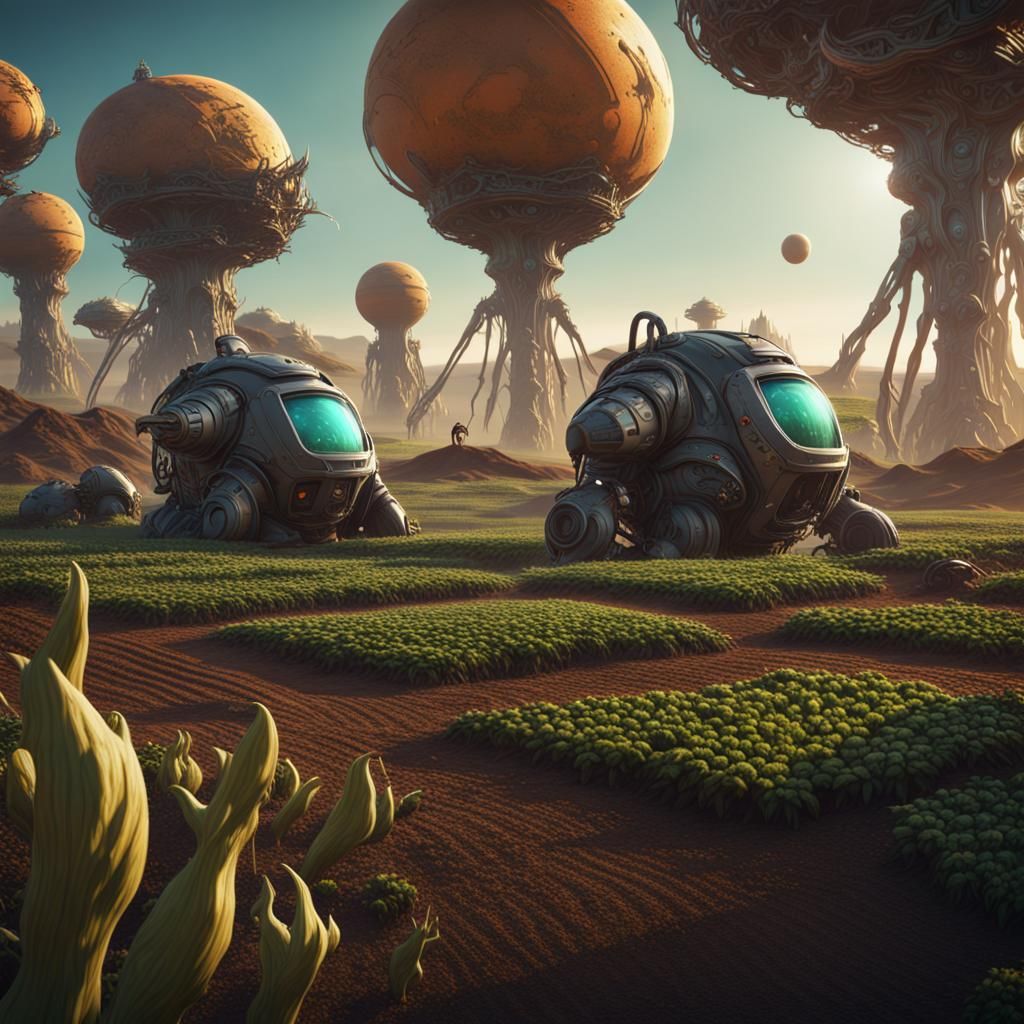 Robots Farming Alien Plants on Exoplanet: Fantasy Art