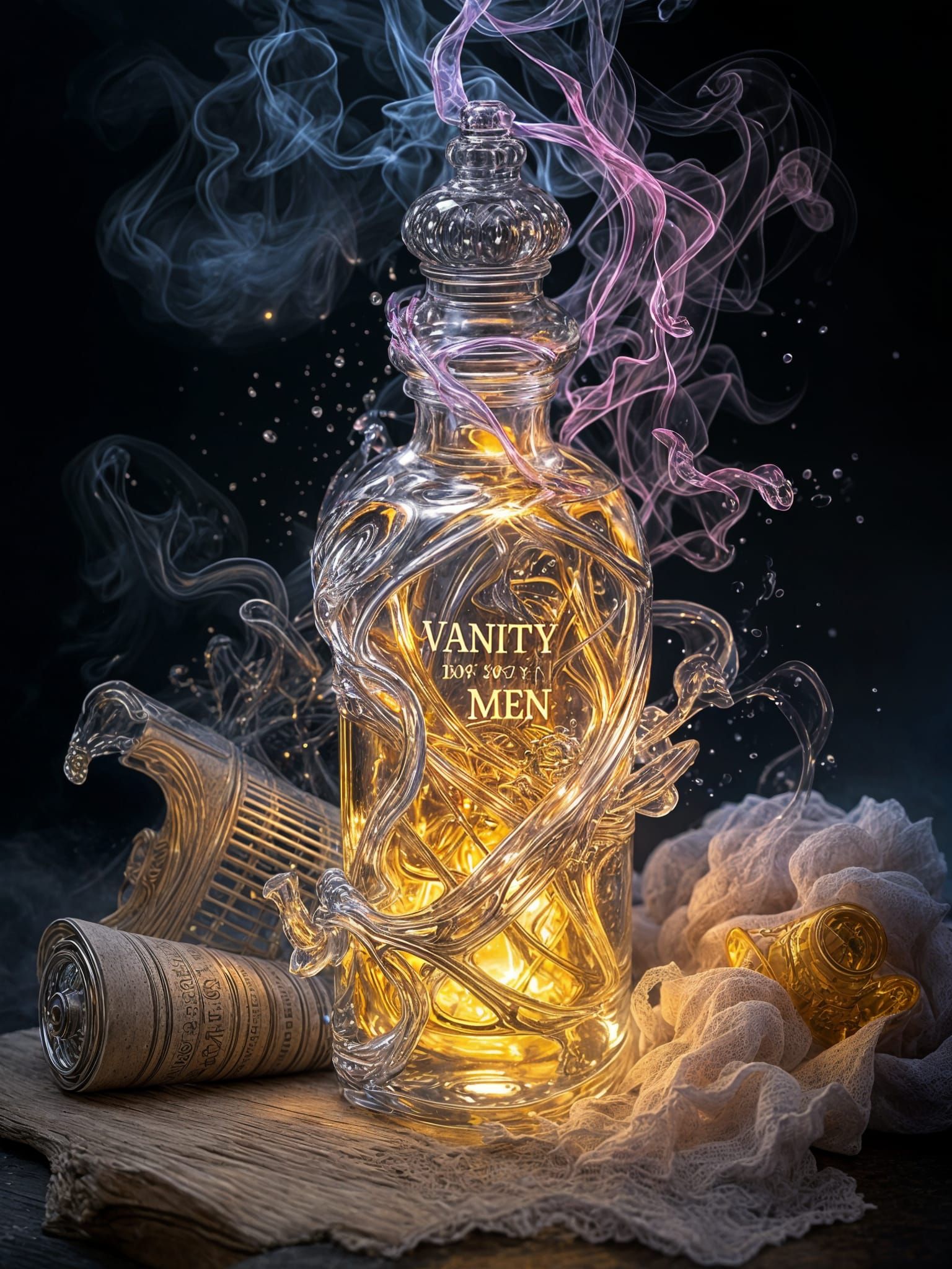 Elegant Glass Vial with Etched Male Form and Glowing Liquid