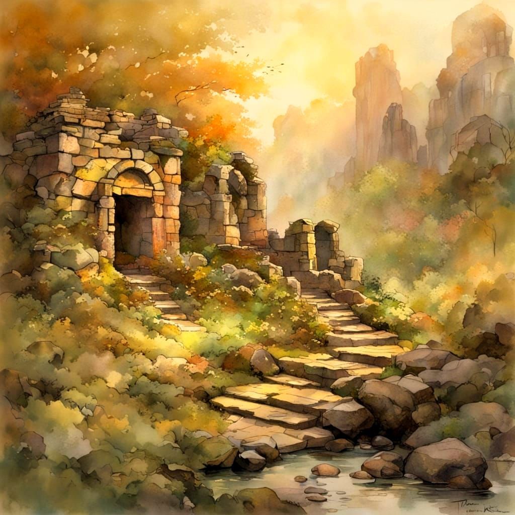 Golden Light on Ancient Ruins in Soft Pastel Hues