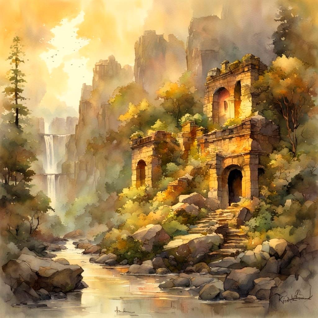 Moss-Covered Ruins Bask in Warm Golden Light