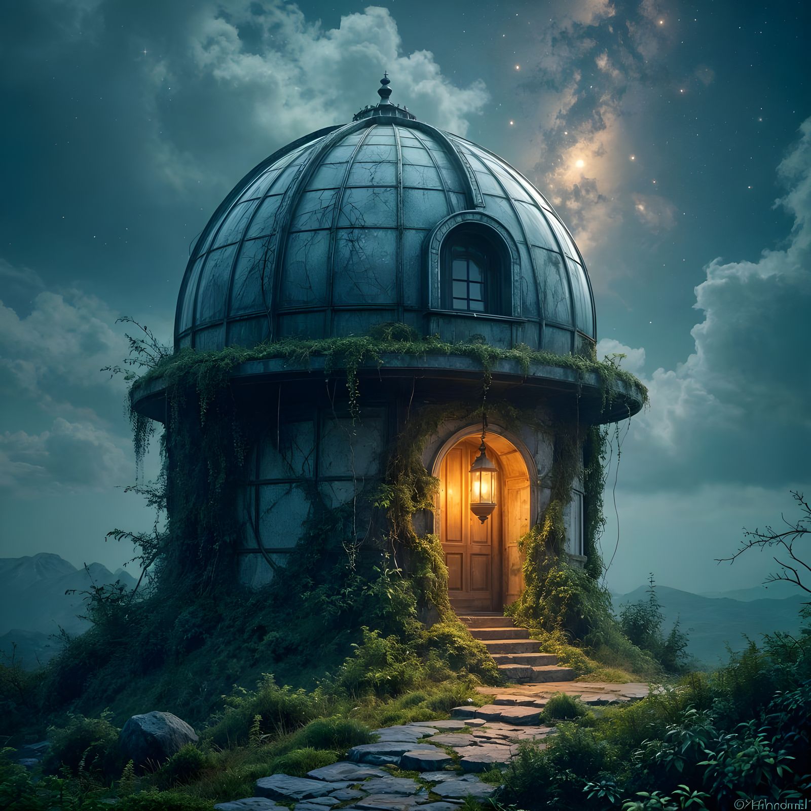 Abandoned Observatory with Glowing Moss Under Nebula Sky