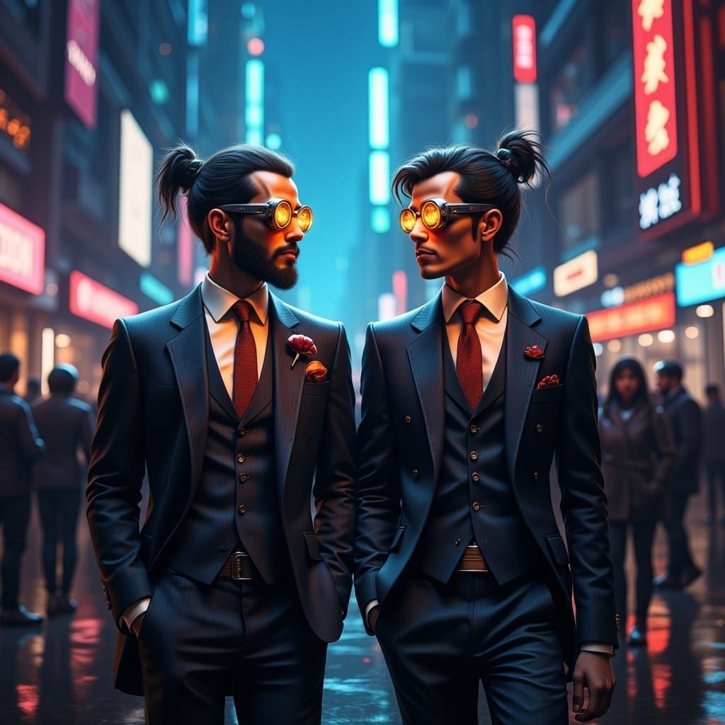 Cyberpunk Gentlemen Stroll Down Neon Street