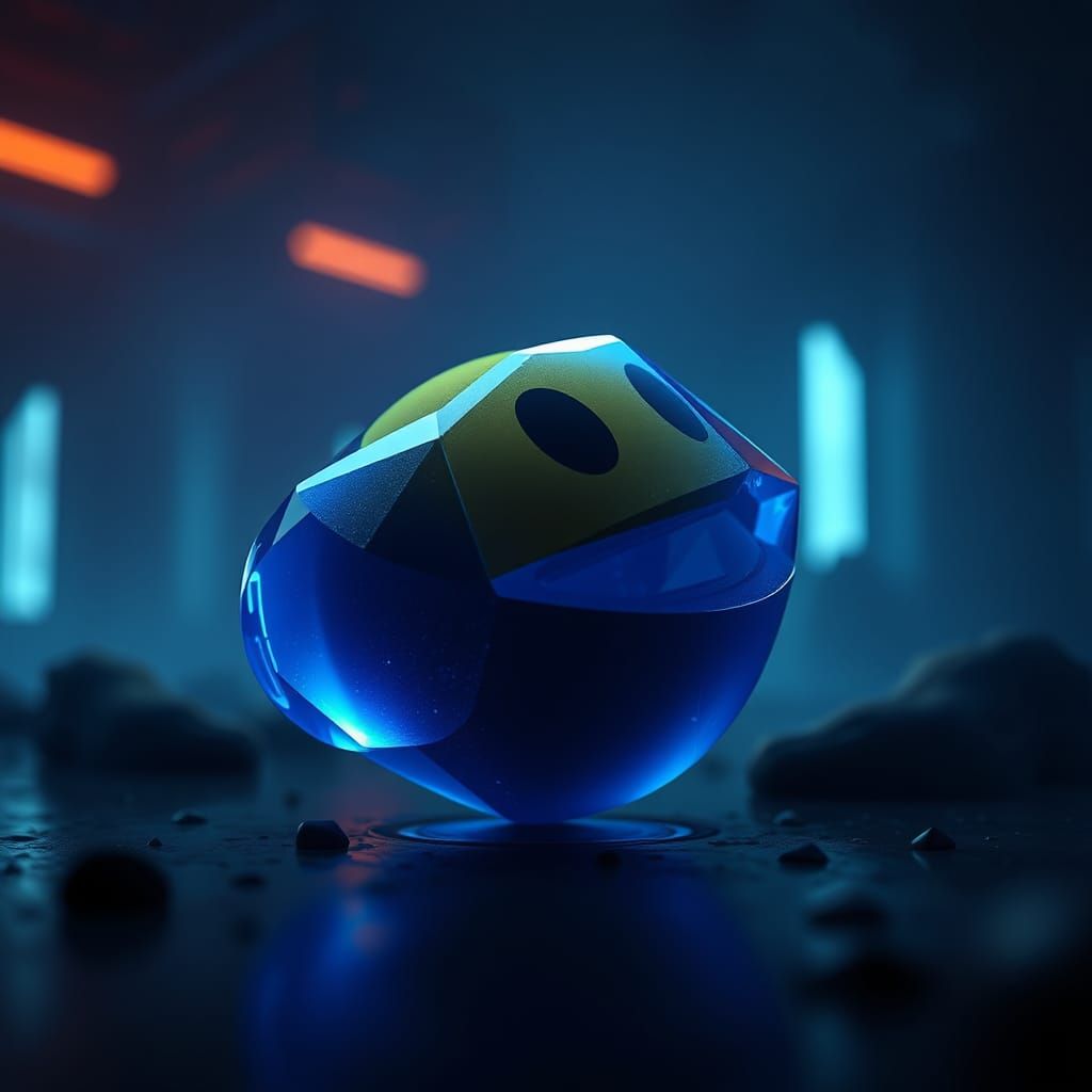 Pacman's Futuristic Feast: A Gleaming Blue Diamond