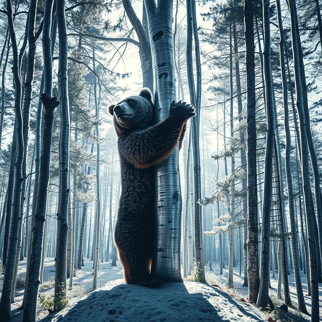 Surreal Chrome Landscape with Majestic Grizzly Bear