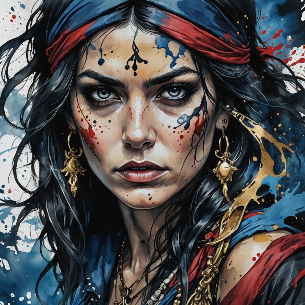 Fearless Pirate Portrait with Ink Splatters