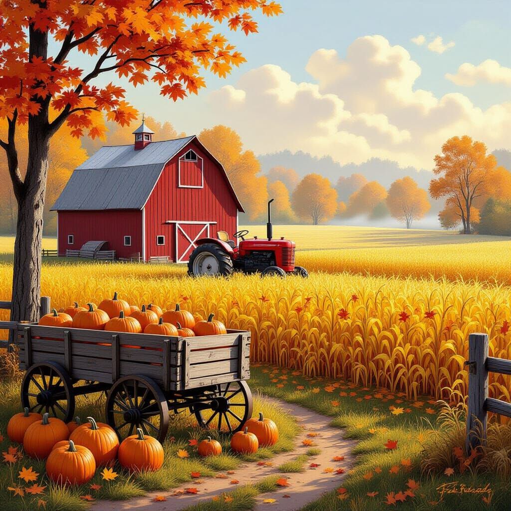 Serene Autumn Harvest Scene with Red Barn and Pumpkins