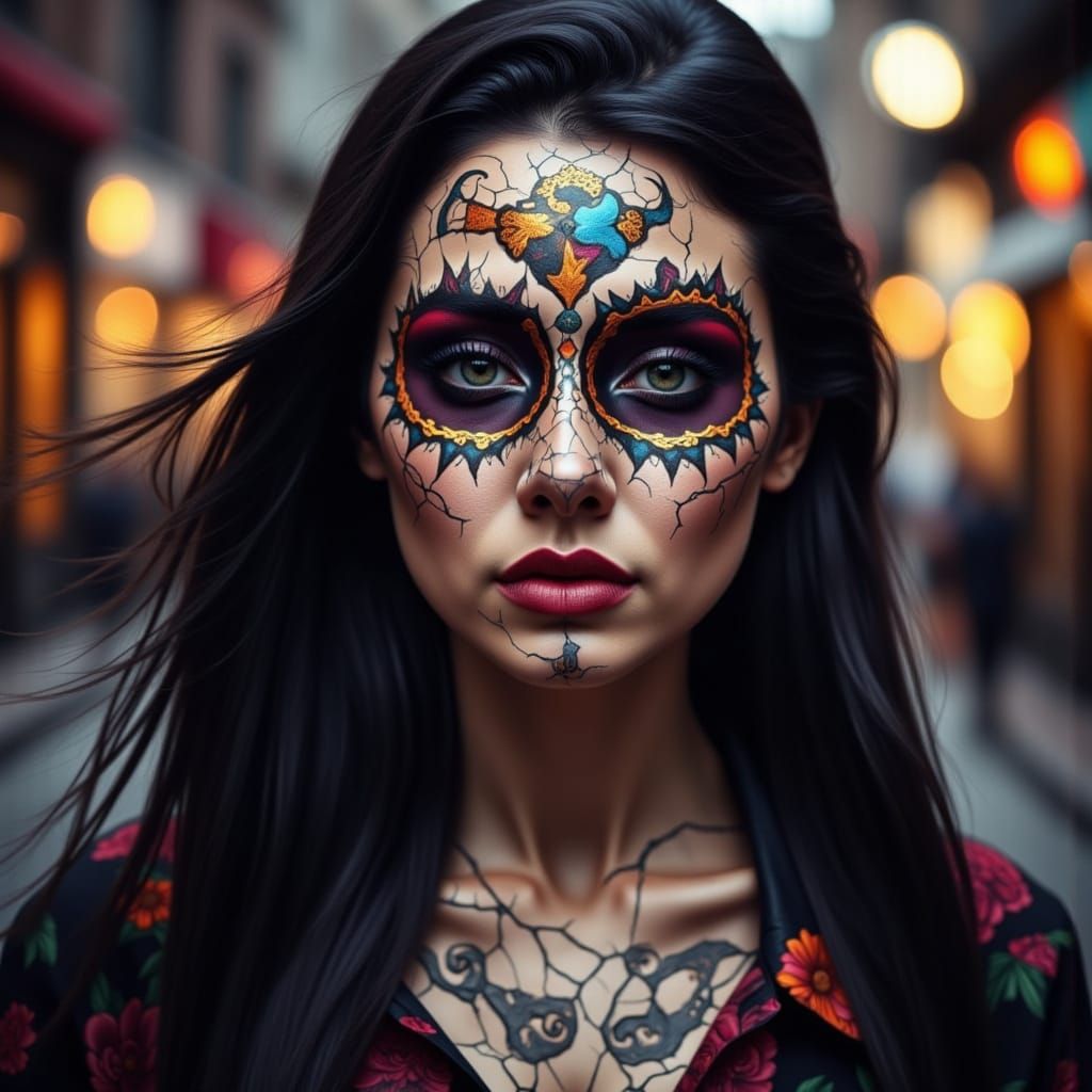 Woman with Sugar Skull Makeup and Kintsugi Crack