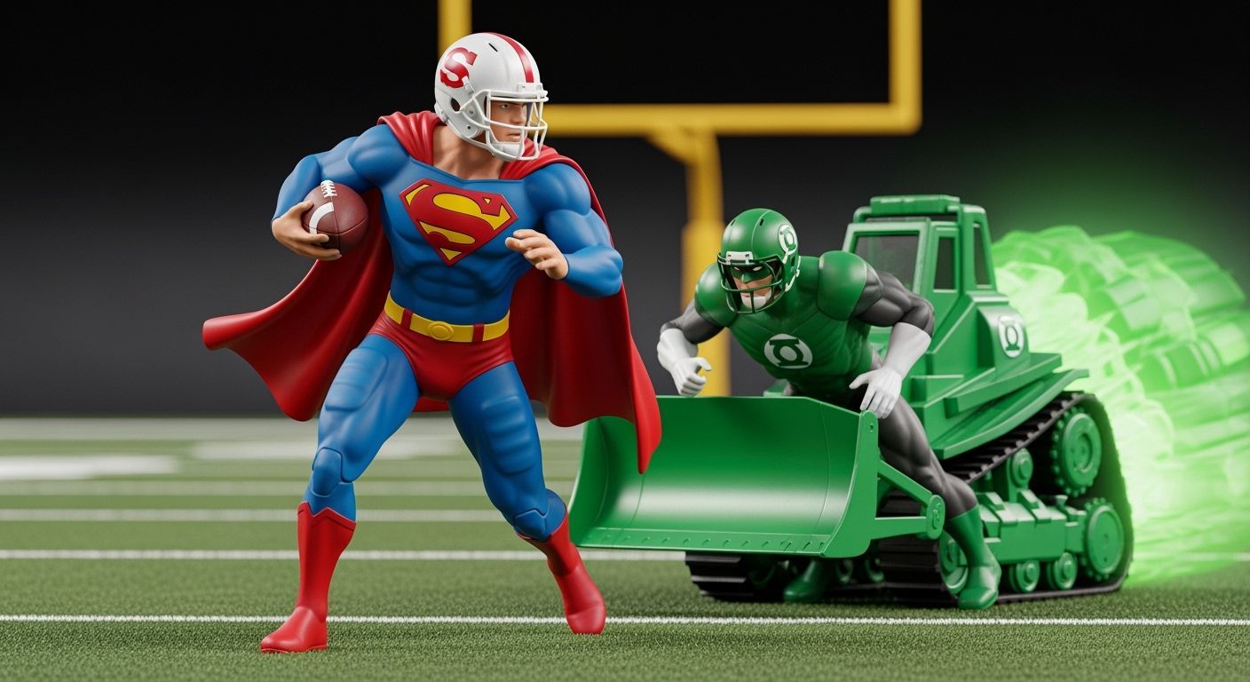 Green Lantern on Team Lantern attempts to tackle Superman with a light ring generated bulldozer.