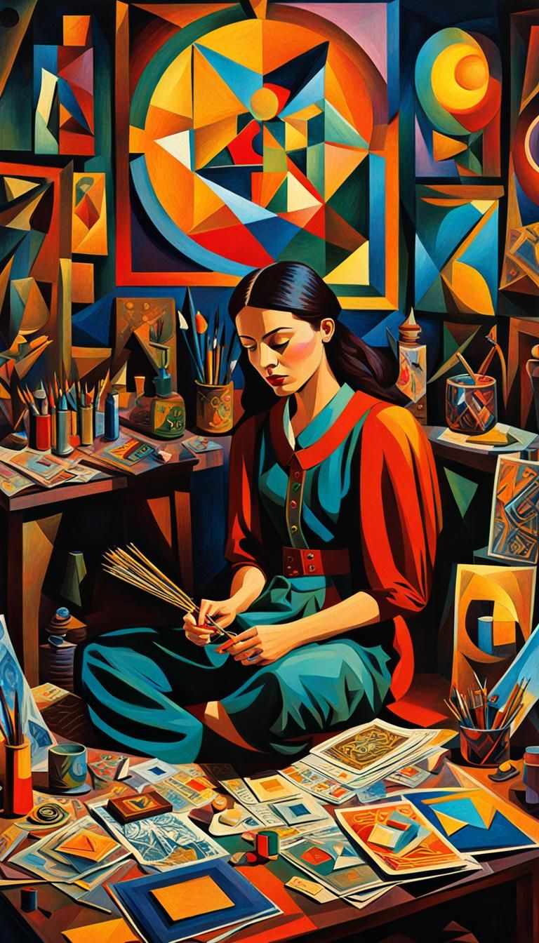 Cubist Tarot Card Designer in Mystical Studio