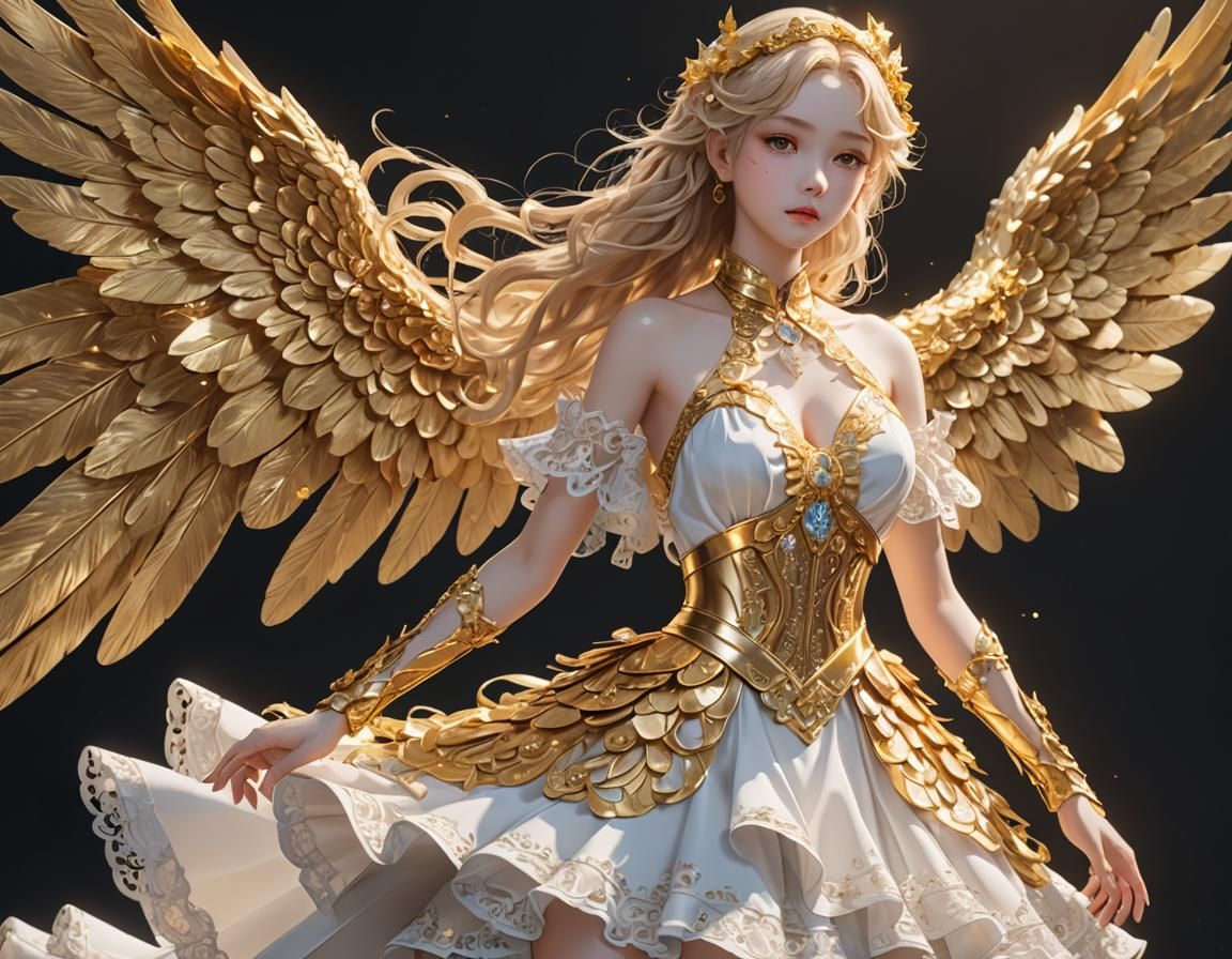 Golden Angel in Lace Dress, 3D Anime Art