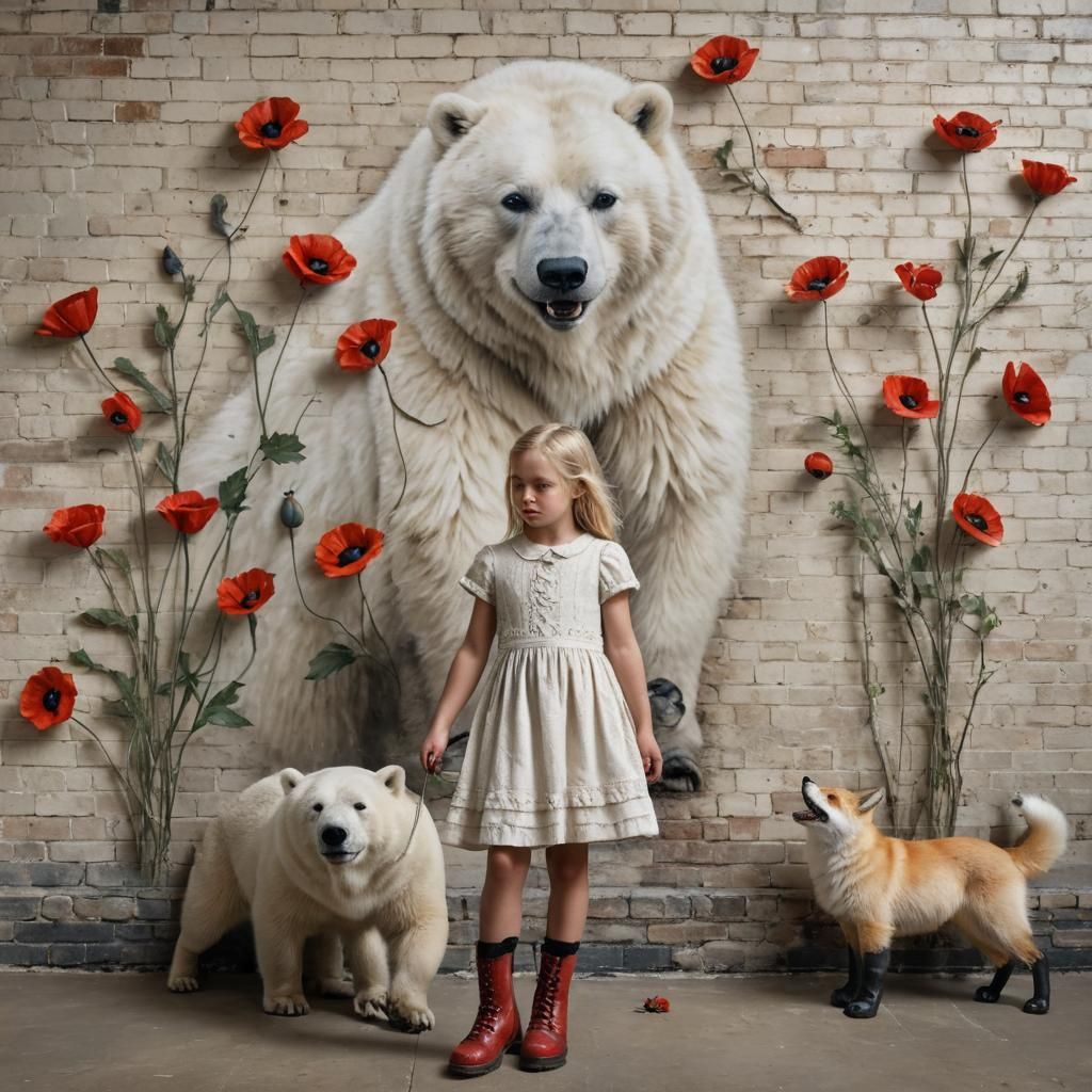 Little Girl Walks with Pets Through a Dreamlike Landscape