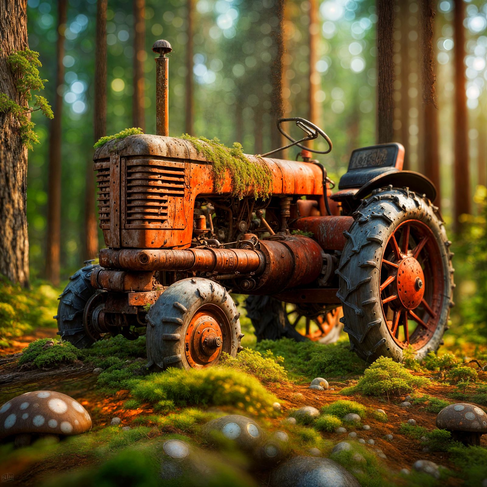 Old red farm tractor lost in forest