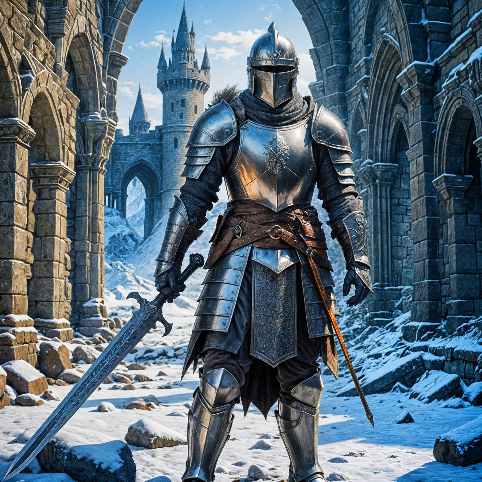 Frozen Knight in Ruins: Double Exposure 3D Mesh