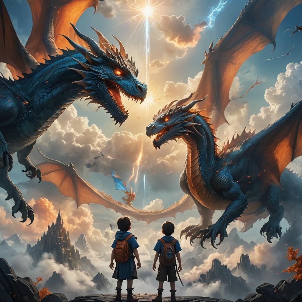 Children Gaze at Dragon in Dreamlike Fantasy Art