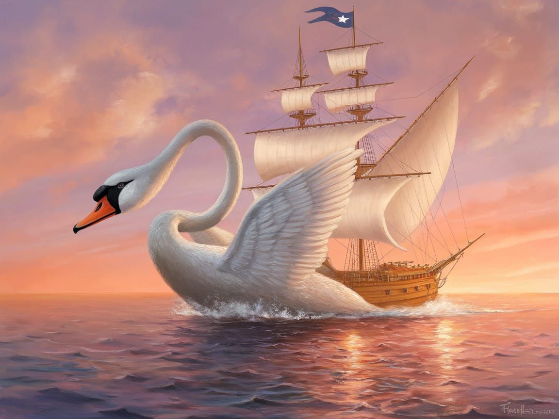 Majestic Swan-Shaped Sailing Ship Glides Across Serene Sunse...