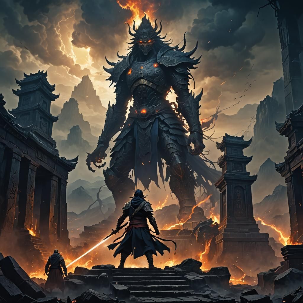 Gabimaru in Hellish Landscape, Dark Fantasy Art