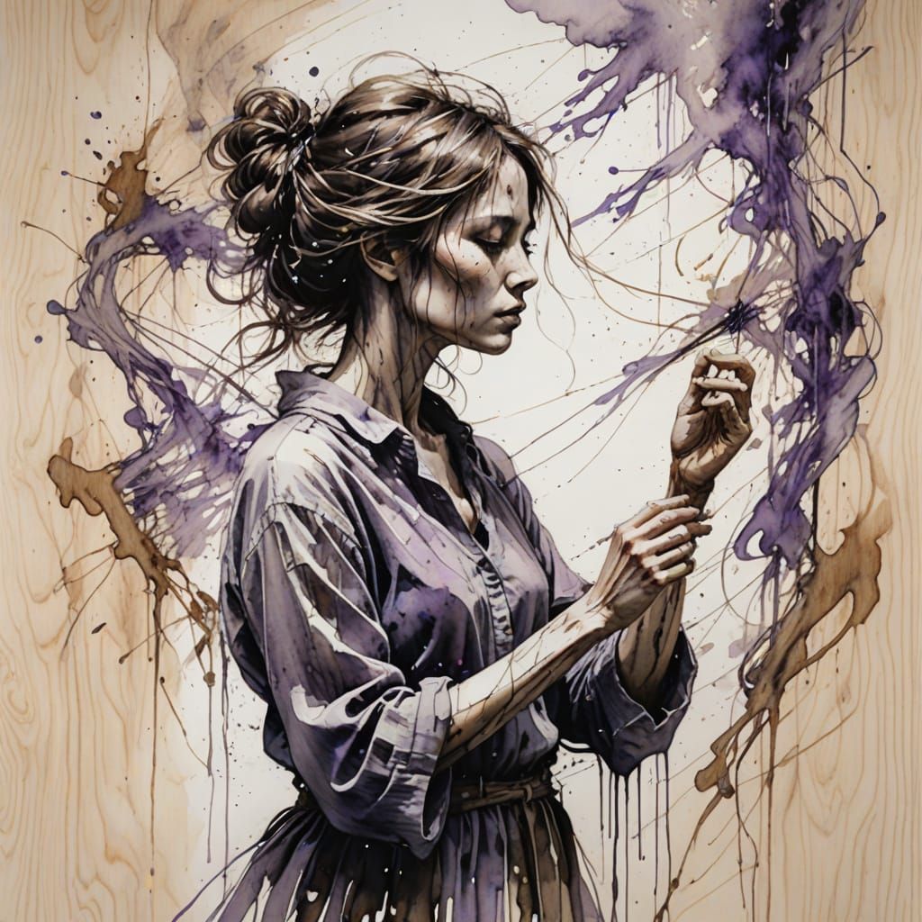 Introspective Watercolor Figure Playing Strings in Sepia