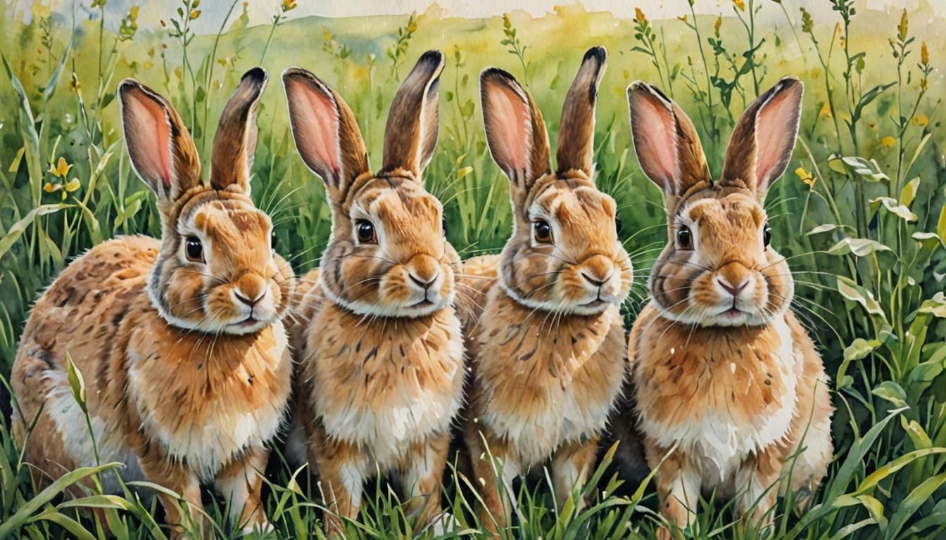 Colorful Rabbits Play in Meadow, Watercolor Painting