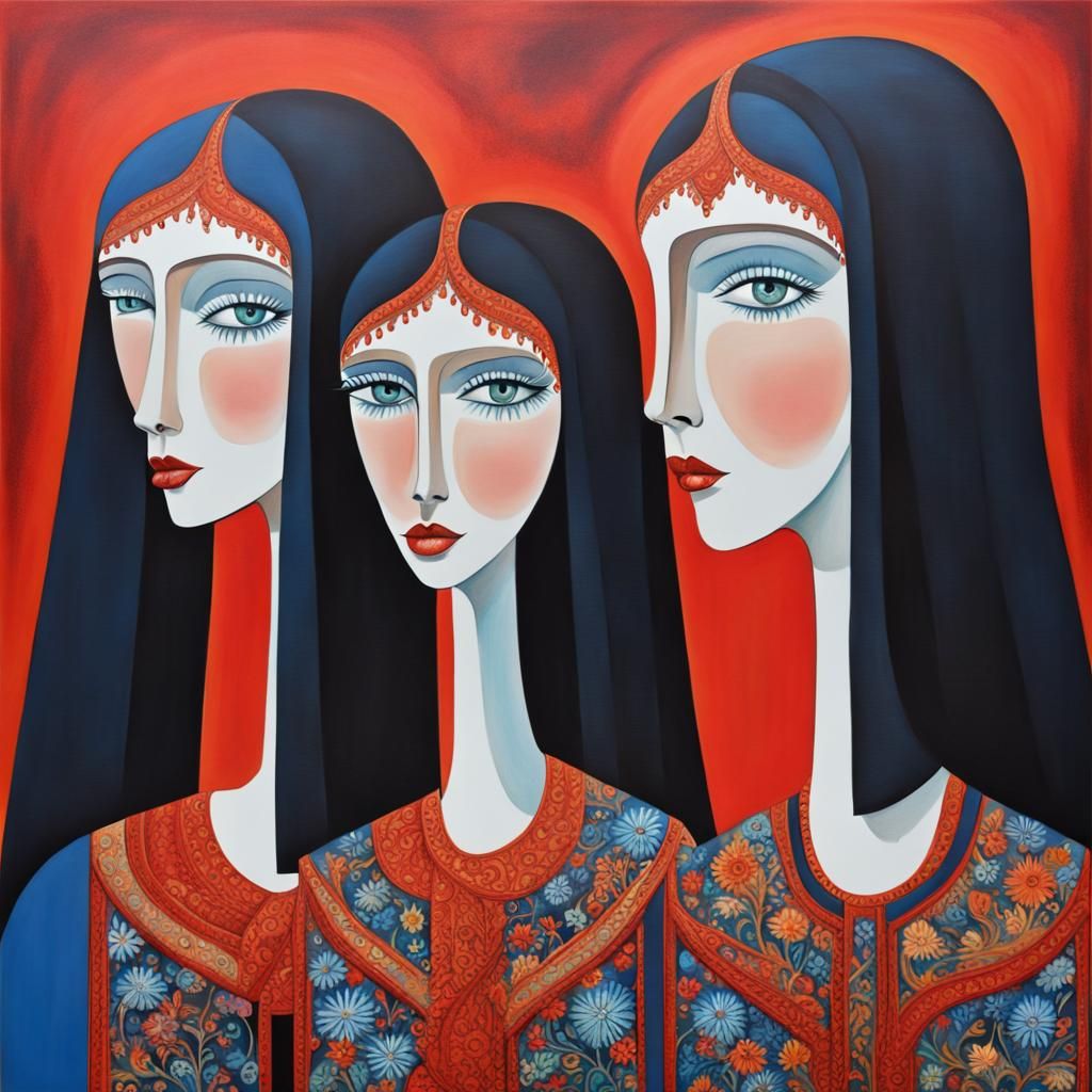 Stylized Portrait of Three Figures in Geometric Style
