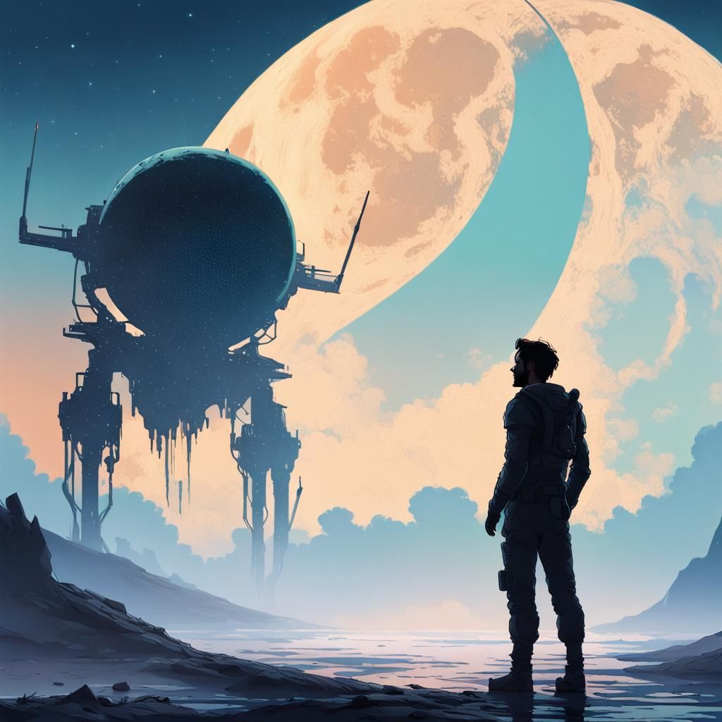 Humanoid Figure Gazing at Departing Spaceship