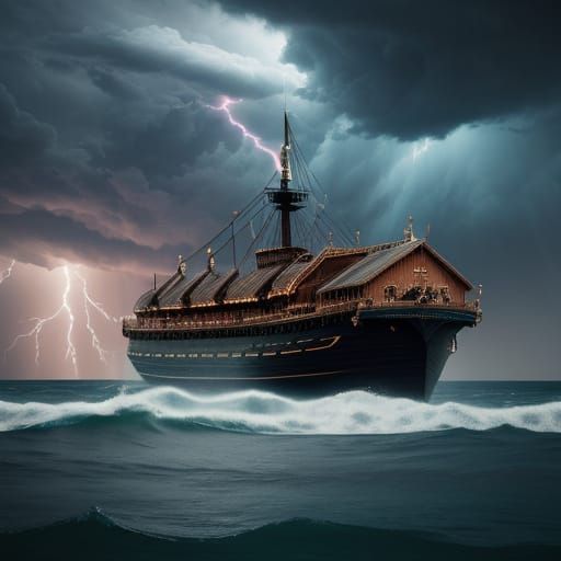 Epic Film Still of Elephant Beside Noah's Ark Under Stormy S...