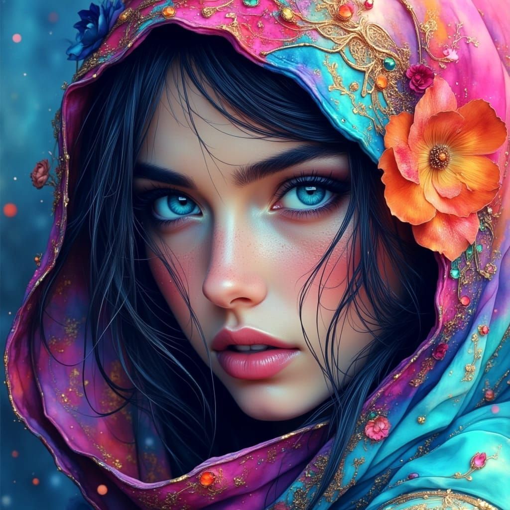 Striking Portrait of Woman in Colorful Hooded Cape