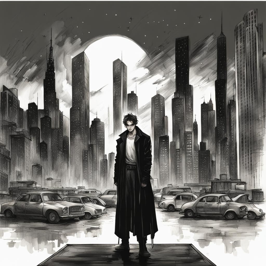 Man Battles Demon in Dark City Drawing