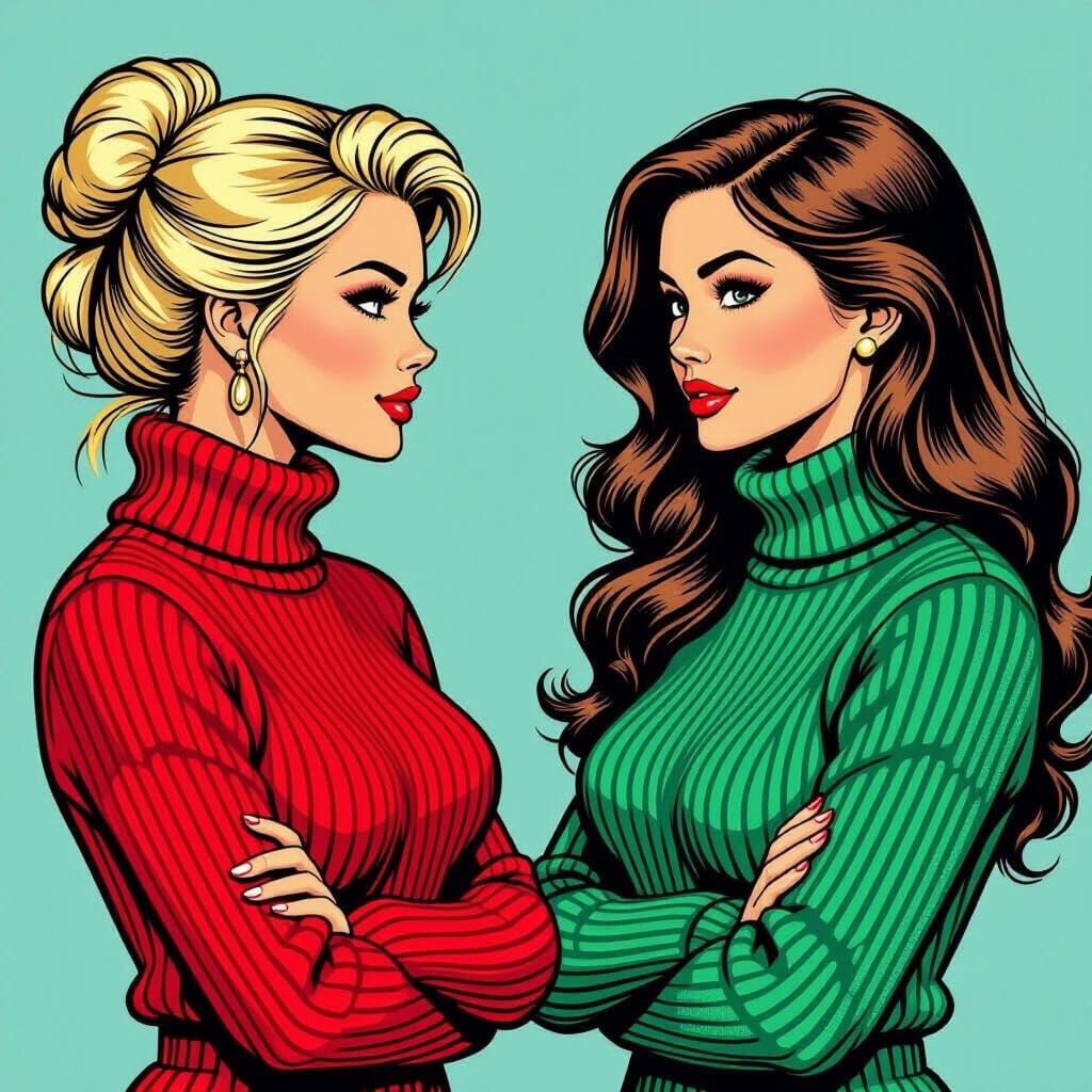 Vintage Comic Style: Two Women in Fuzzy Sweaters