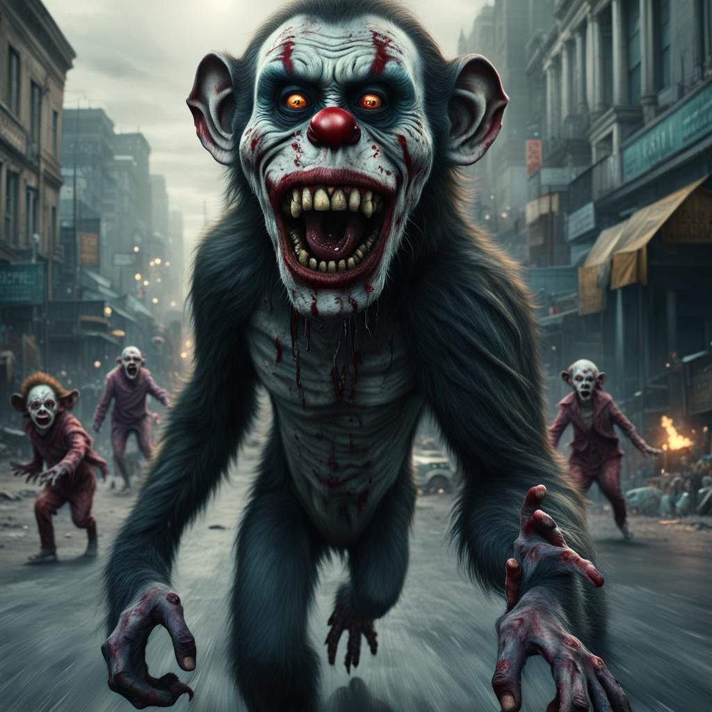 Zombie Monkey Clown Chasing Toddlers: Digital Matte Painting